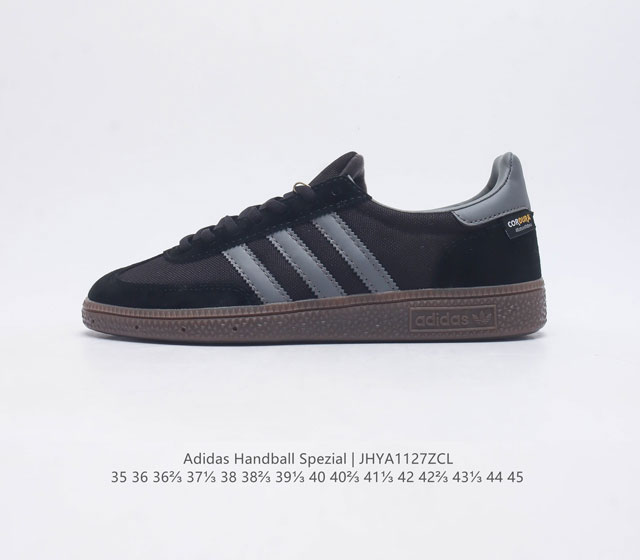 阿迪达斯 Adidas Handball Spezial 三叶草学院风复古休闲板鞋 橡胶底柔软织物皮革拼接经典运动鞋男女士鞋 圆头 缝合拼接设计 正面绑带 鞋舌